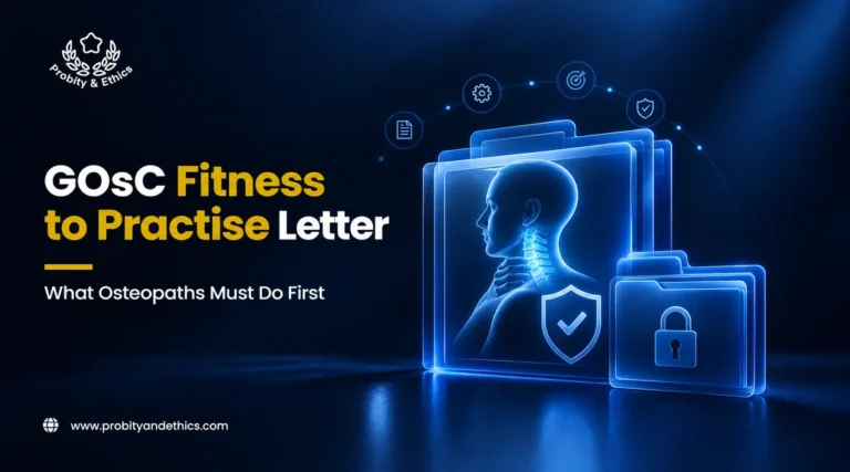 Optometrist reviewing a GOC fitness to practise investigation letter at a desk with documents