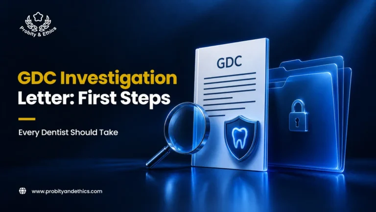 Dentist reading a GDC investigation letter with a laptop and case file