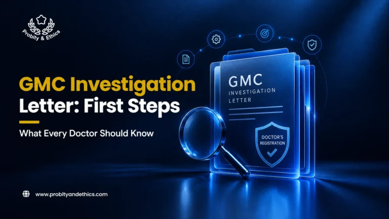 Doctor reading a GMC investigation letter at a desk with paperwork and a laptop