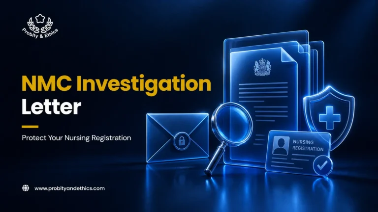 Nurse reading an NMC investigation letter at home, reviewing fitness to practise correspondence