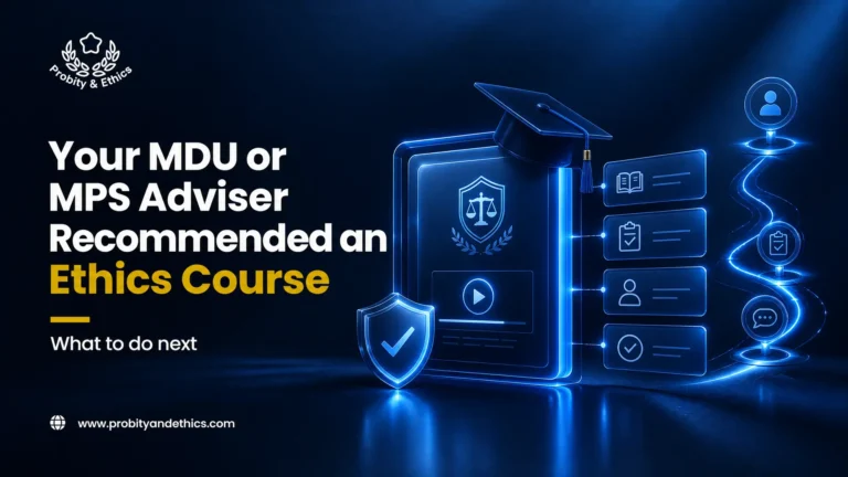 Doctor completing an ethics course for GMC investigation on a laptop with certificate