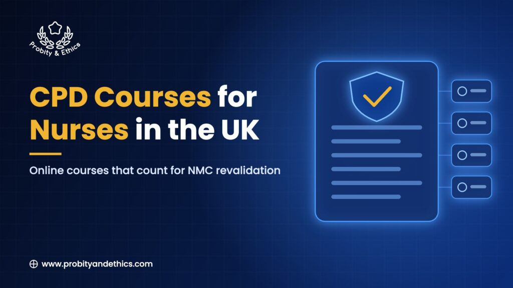 Navy banner with the words CPD Courses for Nurses in the UK in white and gold, a glowing document card with a gold tick, and the Probity and Ethics logo