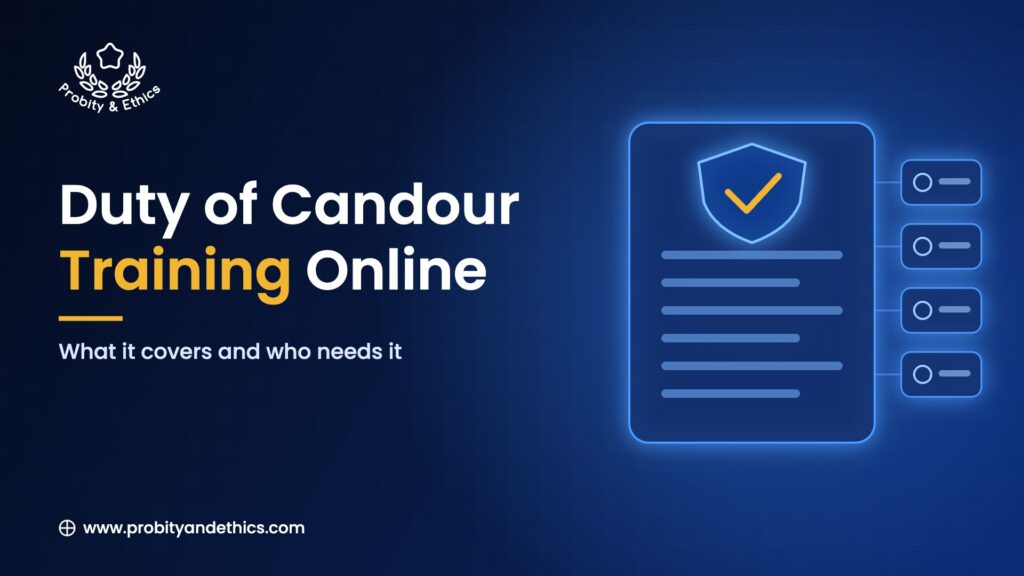 Duty of candour training online: a shield with a tick on a course card, Probity and Ethics