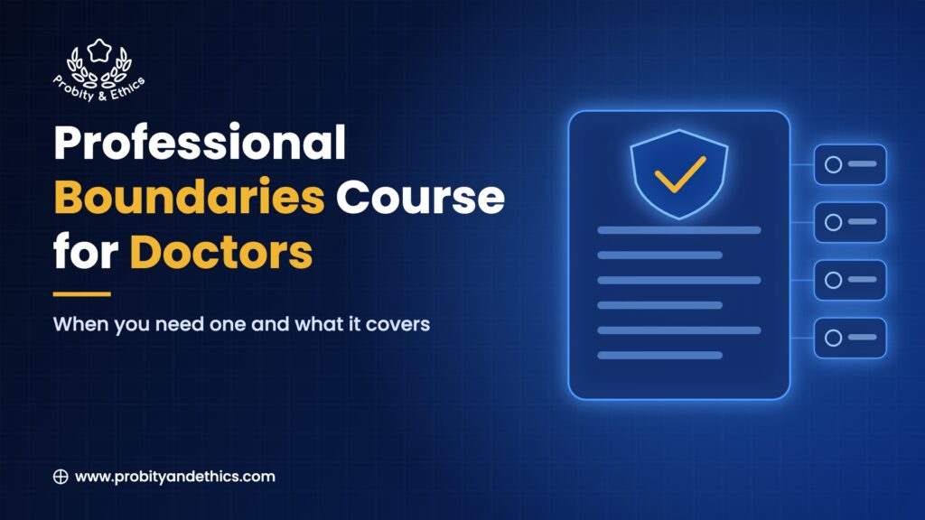 Professional Boundaries Course for Doctors: when you need one and what it covers, on a navy background with a glowing document card and a shield with a gold tick